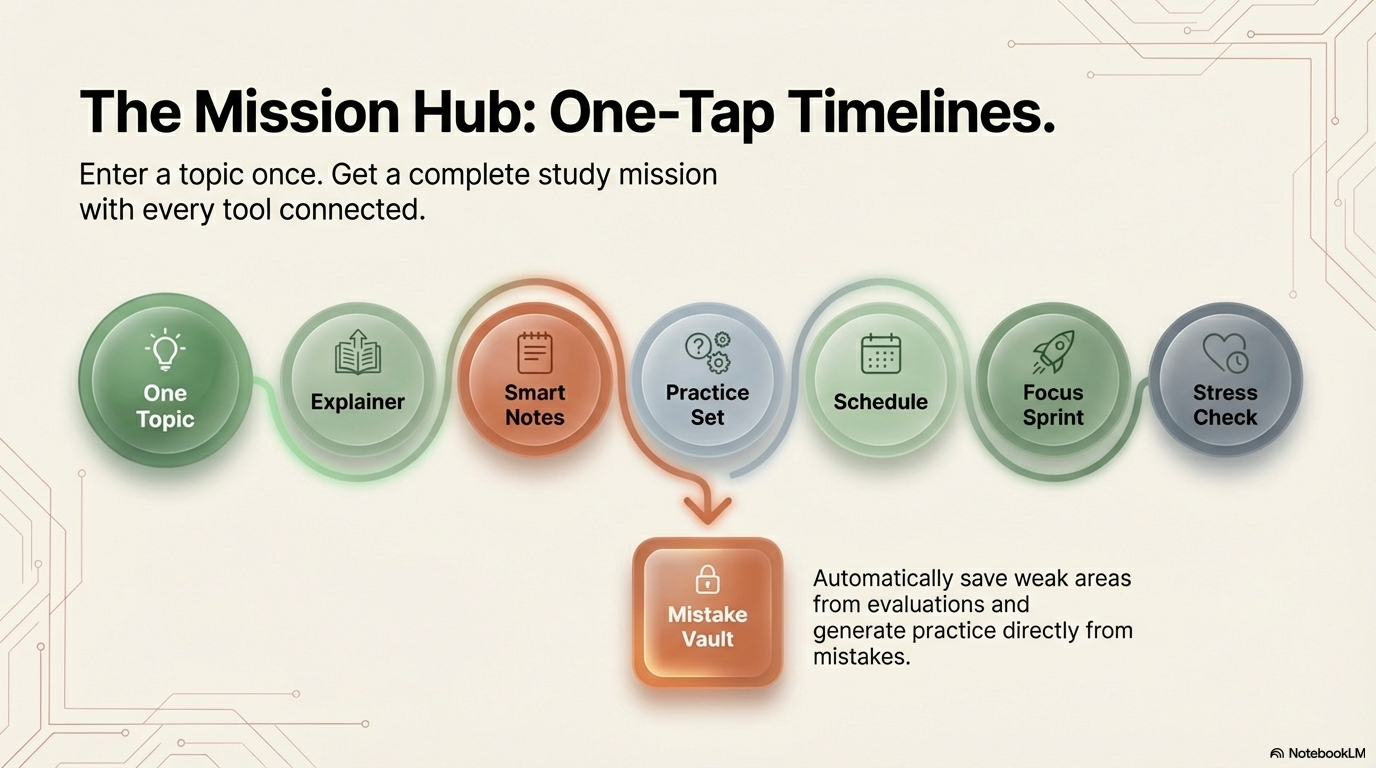 Mission Hub timeline from one topic to practice, schedule, focus sprint and stress check