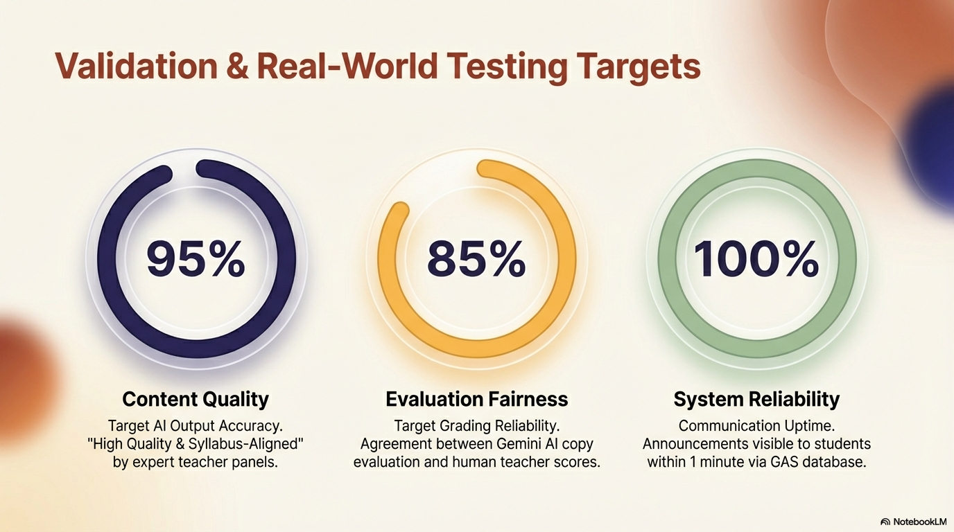 EduVerse validation and real world testing targets infographic