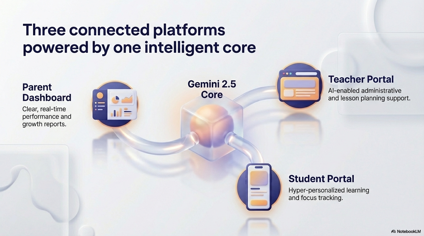 Three connected platform architecture infographic for parent student and teacher flows